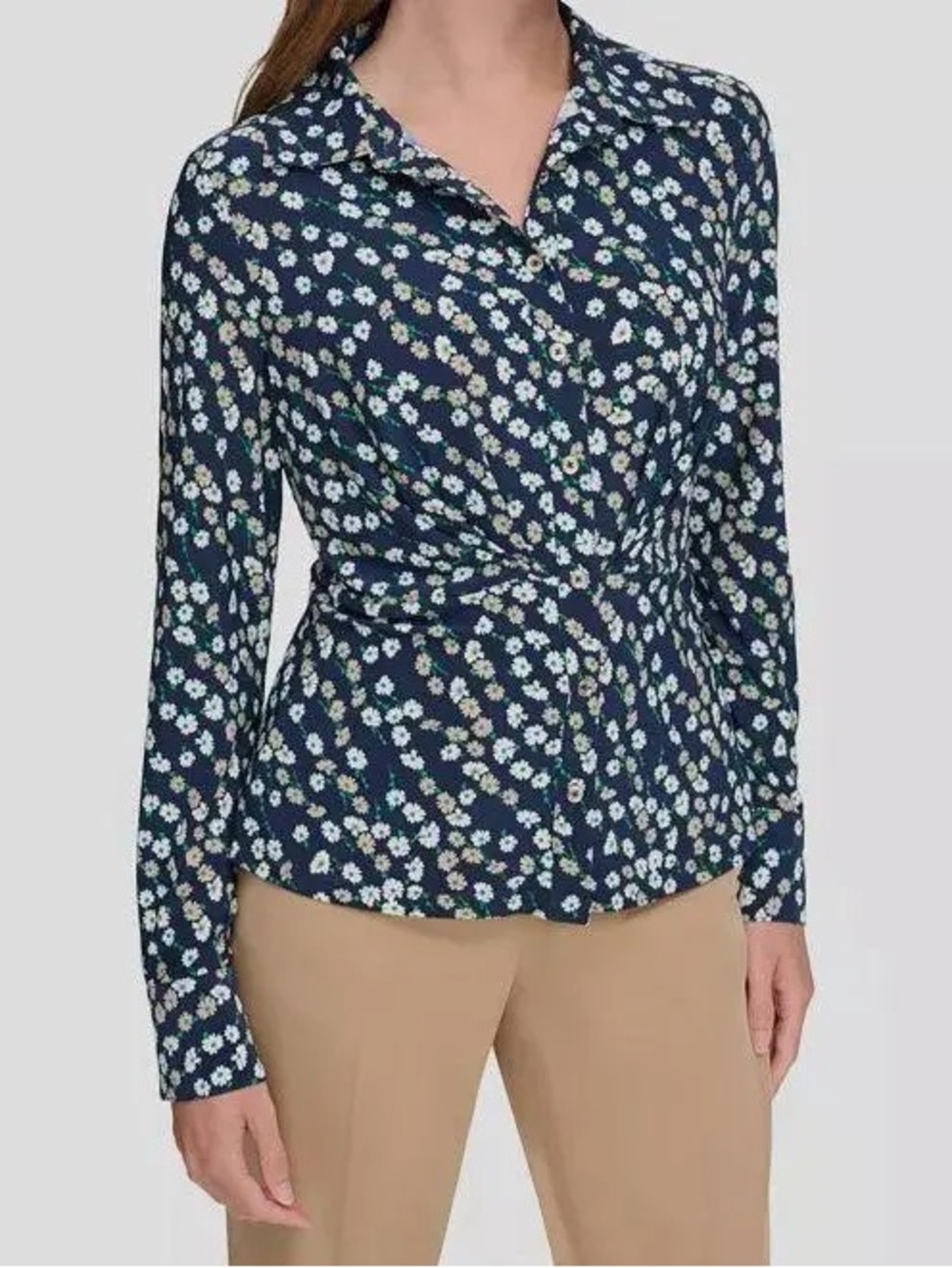 Tommy Hilfiger Like New Navy Floral Button-Down Twist Front Blouse